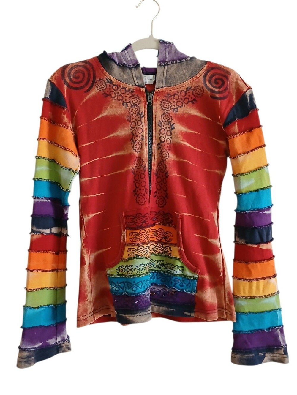The Collection Royal 100% Cotton Nepal Rainbow Full Zip Hoodie Women's M Hippie